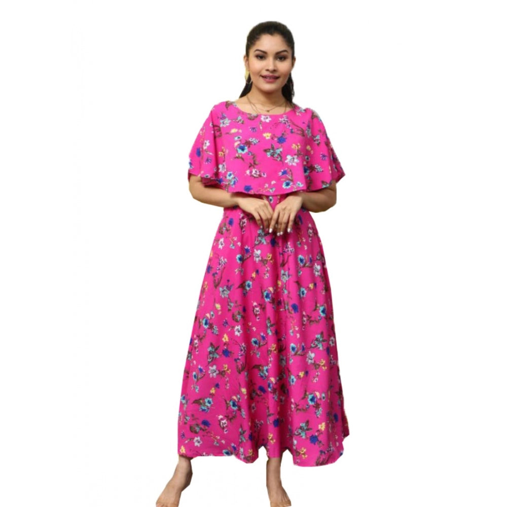 Clasymist Women's Crepe Floral Half Sleeves Full Length Gown(Pink)