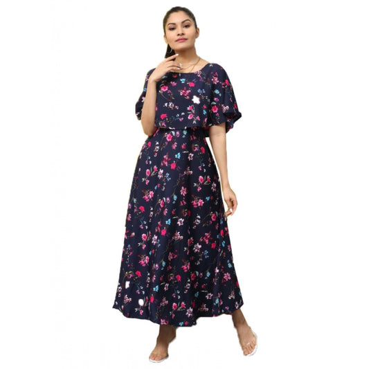 Clasymist Women's Crepe Floral Half Sleeves Full Length Gown(Dark Blue)