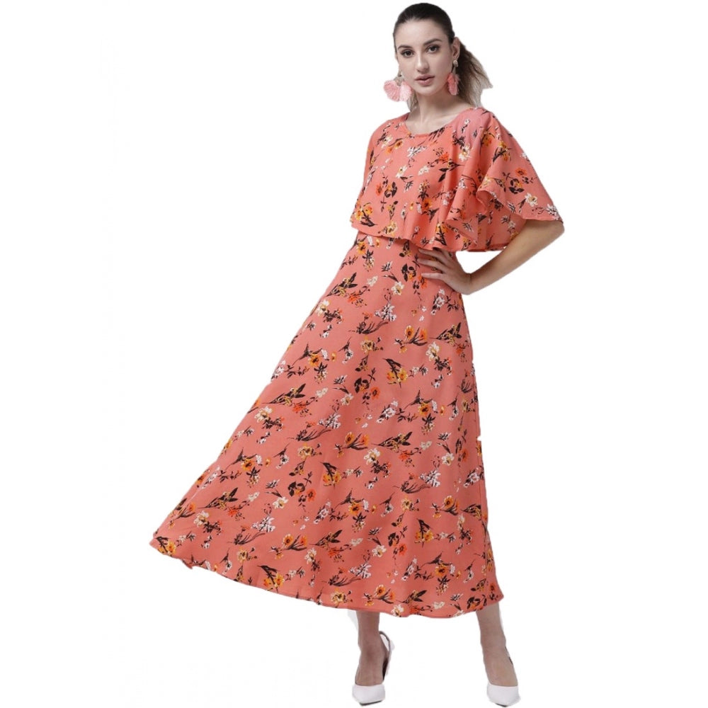 Clasymist Women's Crepe Floral Half Sleeves Full Length Gown(Orange)