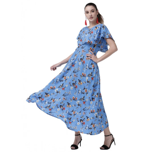 Clasymist Women's Crepe Floral Half Sleeves Full Length Gown(Blue)