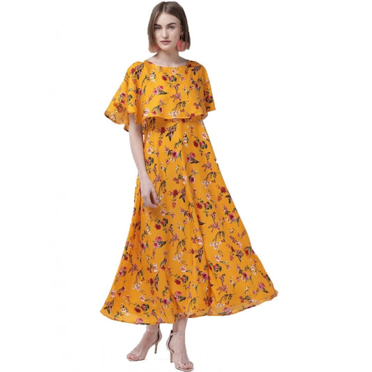 Clasymist Women's Crepe Floral Half Sleeves Full Length Gown(Yellow)