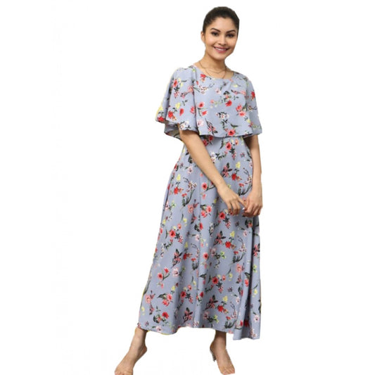 Clasymist Women's Crepe Floral Half Sleeves Full Length Gown(Light Grey)