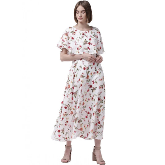 Clasymist Women's Crepe Floral Half Sleeves Full Length Gown(White)