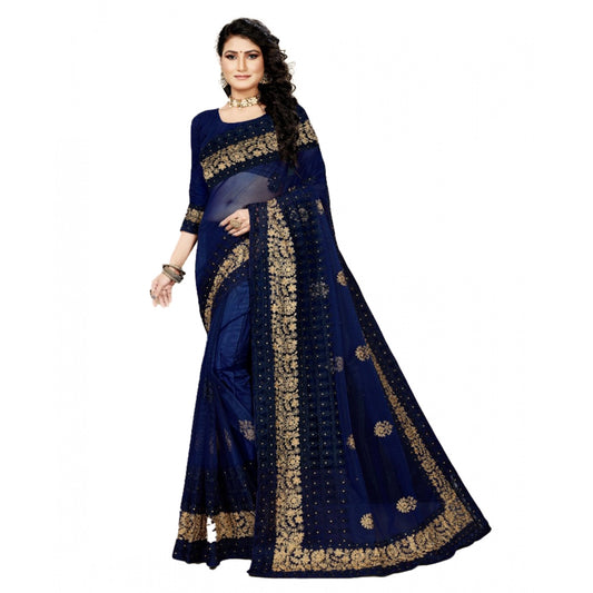 Clasymist Women's Net Saree With Blouse (Navy Blue, 5-6Mtrs)