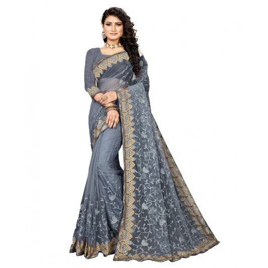 Clasymist Women's Net Saree With Blouse (Grey, 5-6Mtrs)