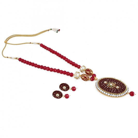 Clasymist Women's Stylish Maroon Golde Plated Traditional Kundan Necklace Set with Earrings (Color: Red)