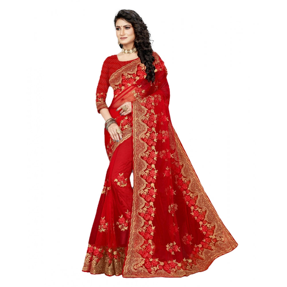 Clasymist Women's Net Saree With Blouse (Red, 5-6Mtrs)