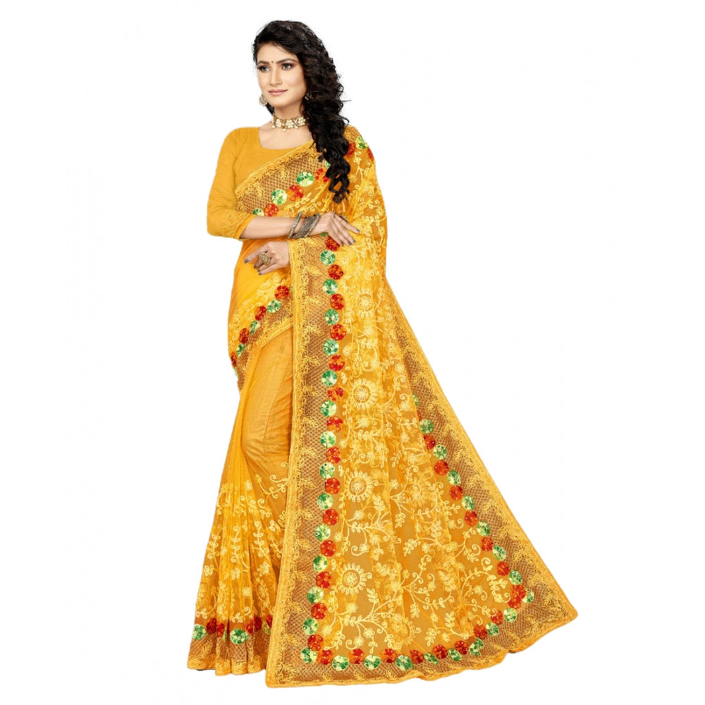 Clasymist Women's Net Saree With Blouse (Yellow, 5-6Mtrs)