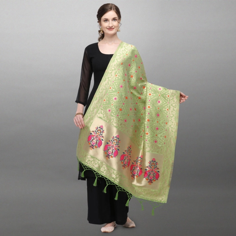 Clasymist Women's Silk Pure Zari weaving Duppatta (Light Green, Length: 2-2.3 Mtrs)