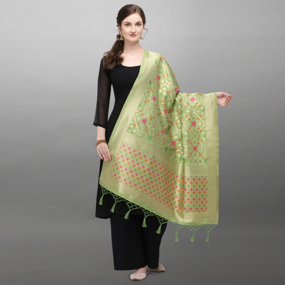 Clasymist Women's Silk Pure Zari weaving Duppatta (Light Green, Length: 2-2.3 Mtrs)