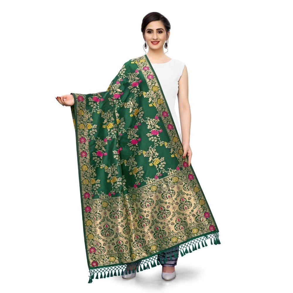 Clasymist Women's Silk Pure Zari weaving Duppatta (Green, Length: 2-2.3 Mtrs)