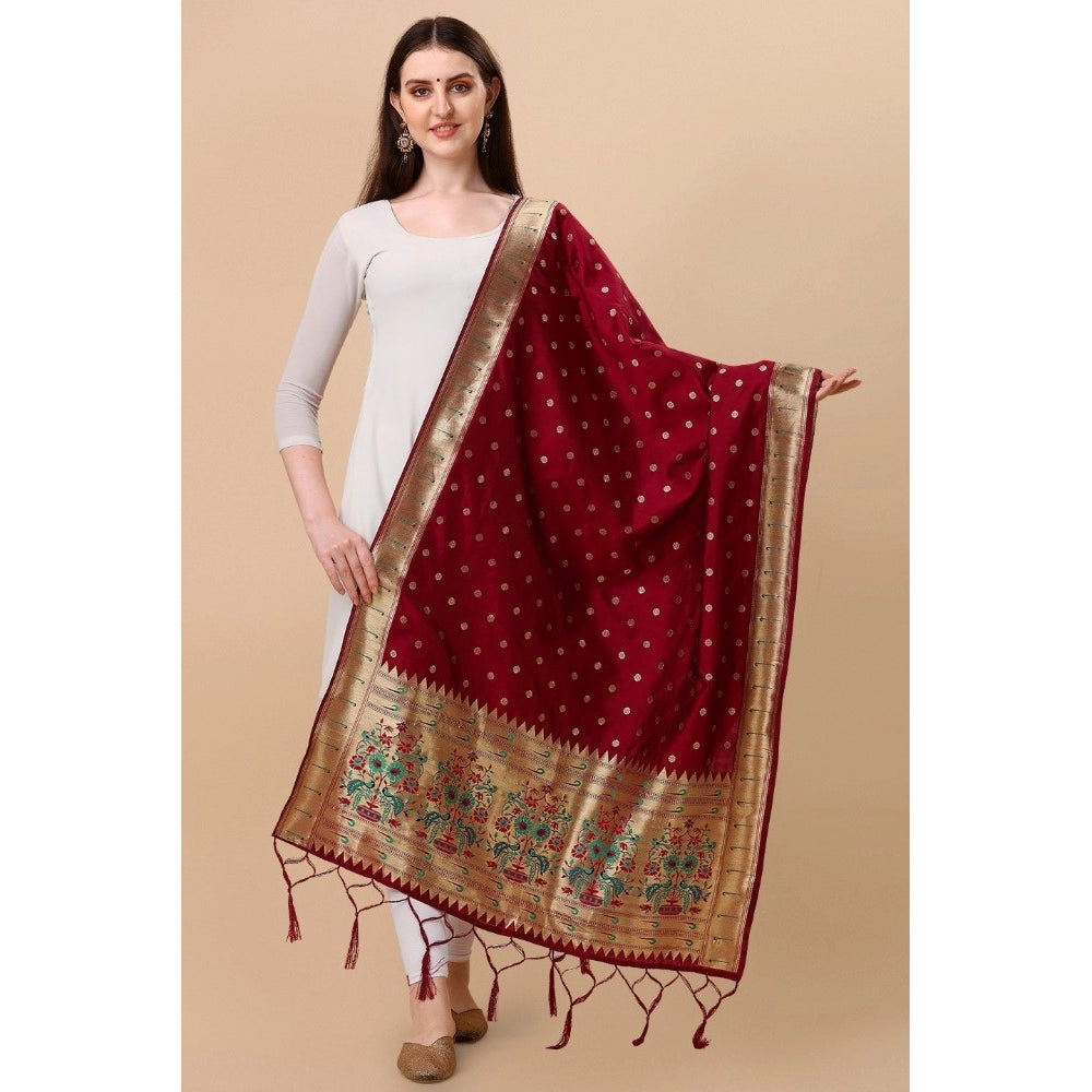 Clasymist Women's Silk Pure Zari weaving Duppatta (Maroon, Length: 2-2.3 Mtrs)