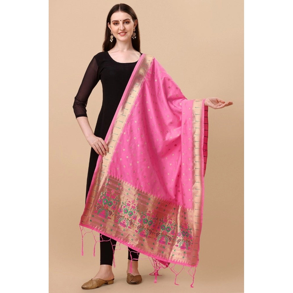 Clasymist Women's Silk Pure Zari weaving Duppatta (Light Pink, Length: 2-2.3 Mtrs)