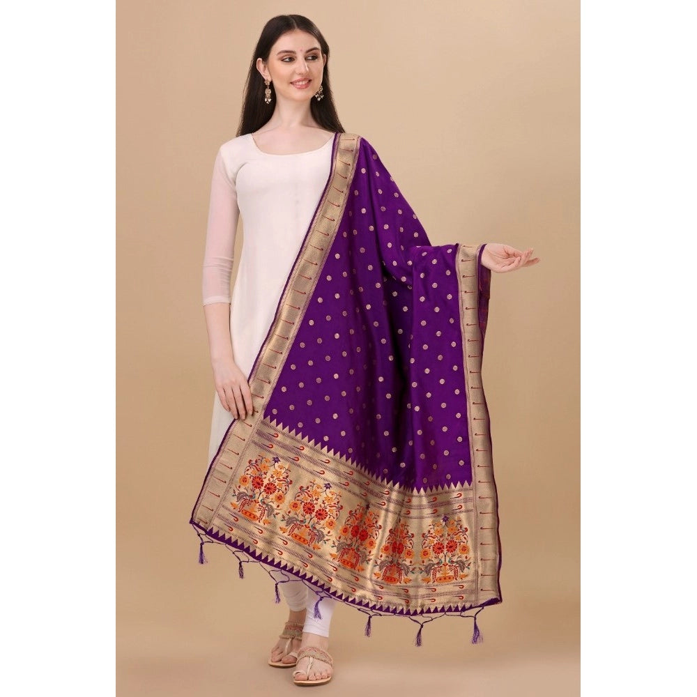 Clasymist Women's Silk Pure Zari weaving Duppatta (Purple, Length: 2-2.3 Mtrs)