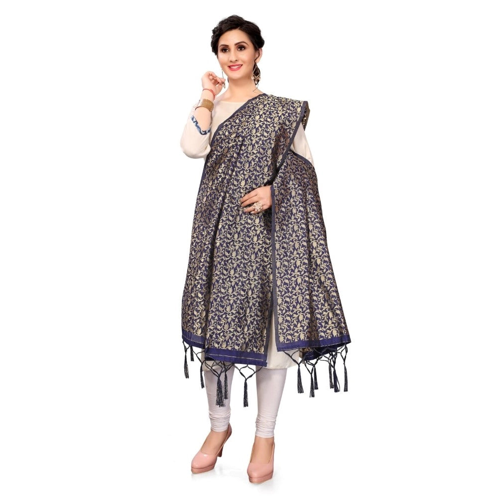 Clasymist Women's Silk Pure weaving Work Duppatta (Navy Blue, Length: 2-2.3 Mtrs)