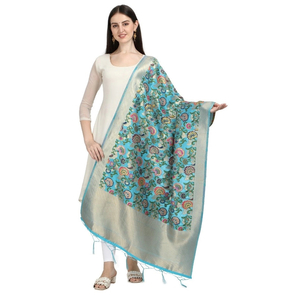 Clasymist Women's Silk Pure Zari weaving Duppatta (Light Blue, Length: 2-2.3 Mtrs)