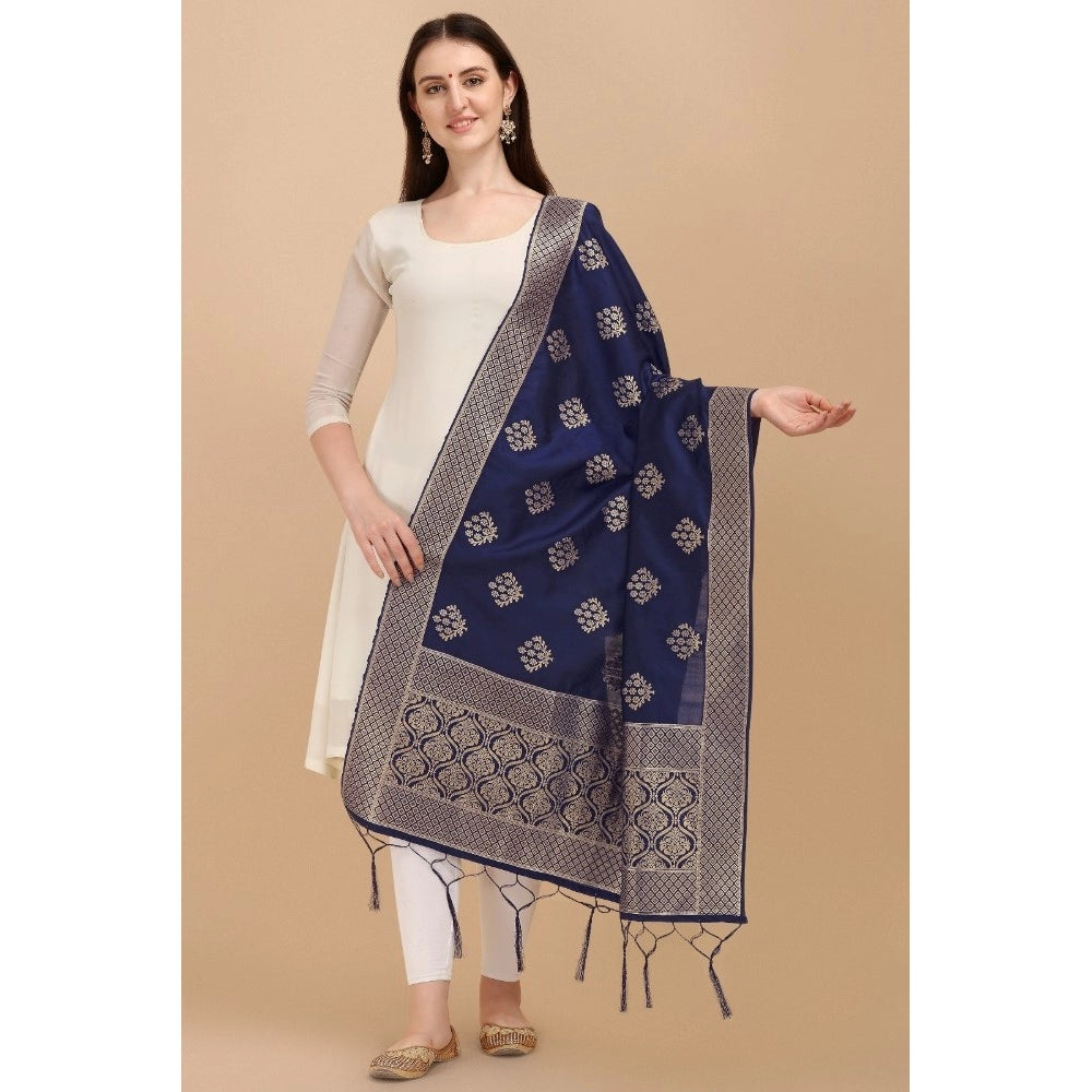 Clasymist Women's Silk Pure Zari weaving Duppatta (Navy Blue, Length: 2-2.3 Mtrs)