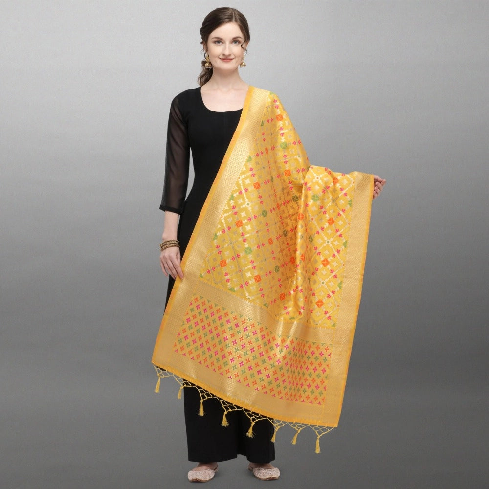 Clasymist Women's Silk Pure Zari weaving Duppatta (Mustard Yellow, Length: 2-2.3 Mtrs)