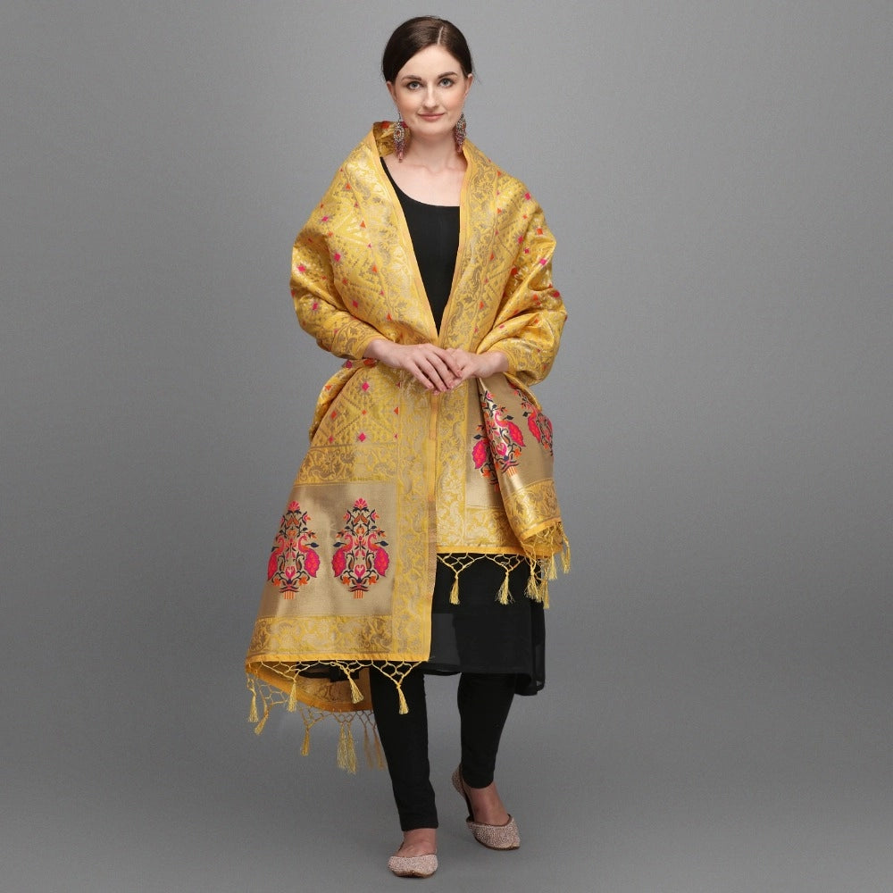 Clasymist Women's Silk Pure Zari weaving Duppatta (Mustard Yellow, Length: 2-2.3 Mtrs)