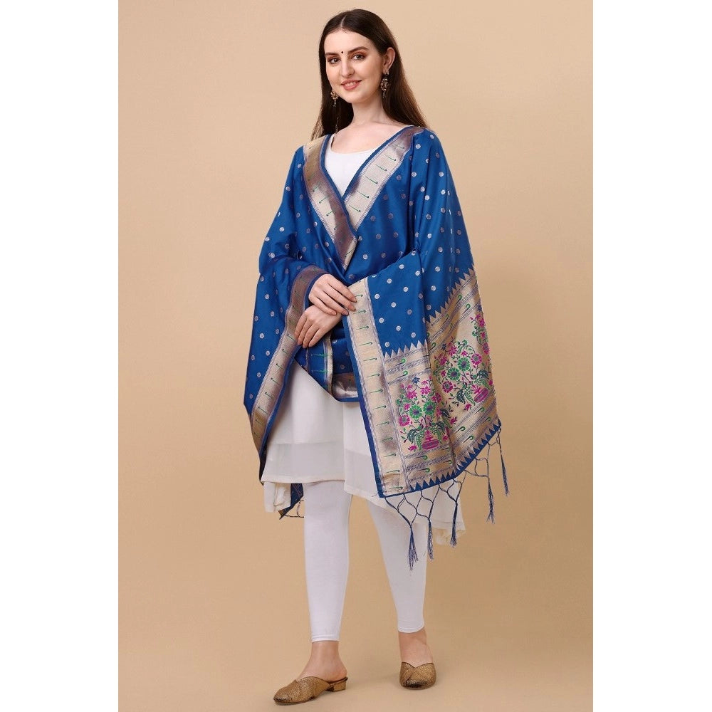 Clasymist Women's Silk Pure Zari weaving Duppatta (Blue, Length: 2-2.3 Mtrs)