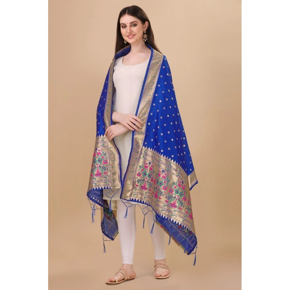 Clasymist Women's Silk Pure Zari weaving Duppatta (Blue, Length: 2-2.3 Mtrs)