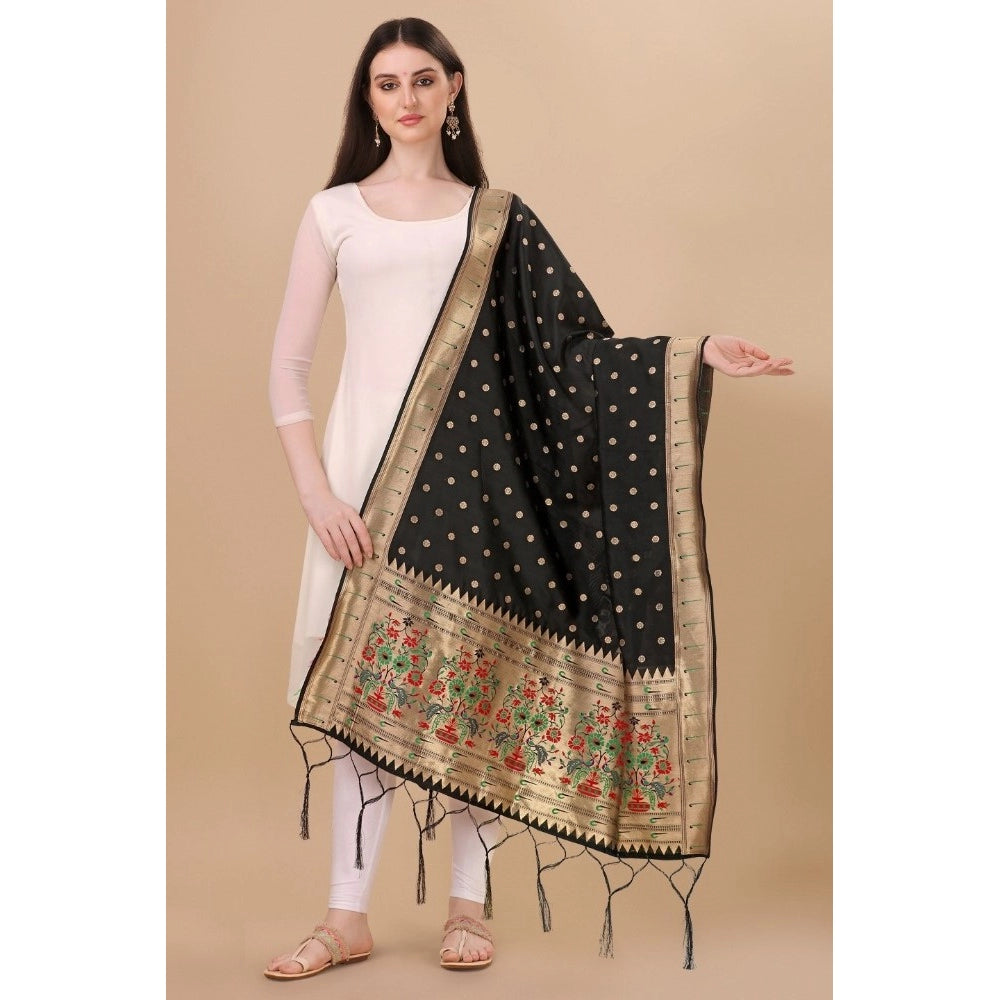 Clasymist Women's Silk Pure Zari weaving Duppatta (Black, Length: 2-2.3 Mtrs)