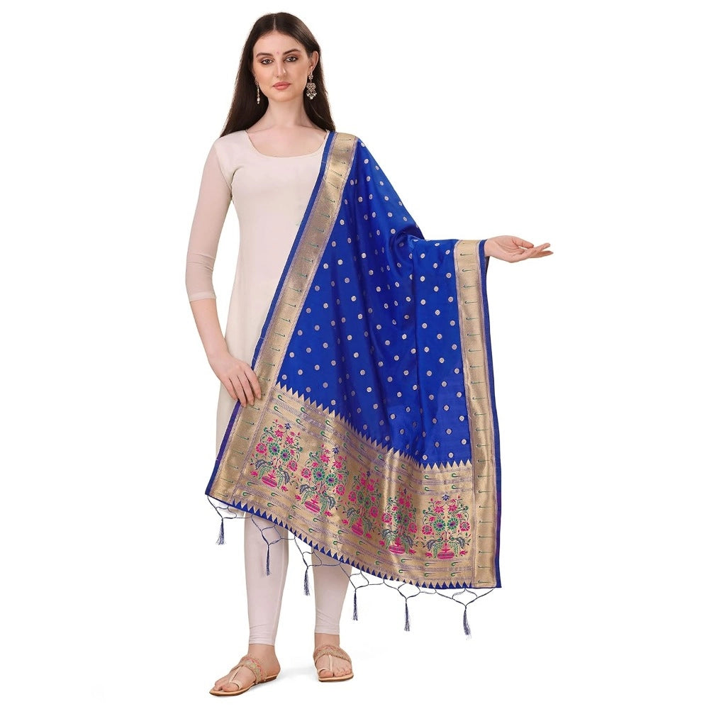 Clasymist Women's Silk Pure Zari weaving Duppatta (Blue, Length: 2-2.3 Mtrs)