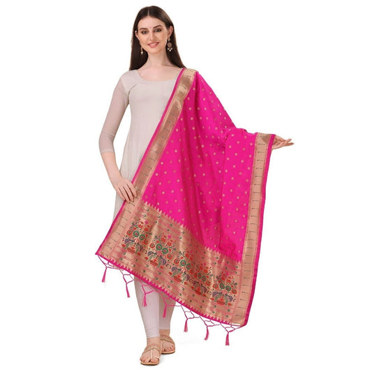 Clasymist Women's Silk Pure Zari weaving Duppatta (Pink, Length: 2-2.3 Mtrs)