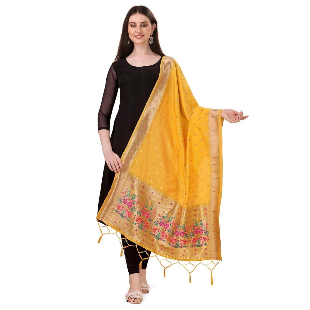 Clasymist Women's Silk Pure Zari weaving Duppatta (Yellow, Length: 2-2.3 Mtrs)