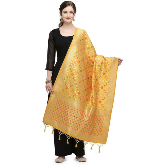 Clasymist Women's Silk Pure Zari weaving Duppatta (Mustard Yellow, Length: 2-2.3 Mtrs)