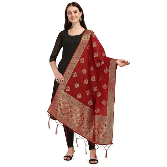 Clasymist Women's Silk Pure Zari weaving Duppatta (Maroon, Length: 2-2.3 Mtrs)