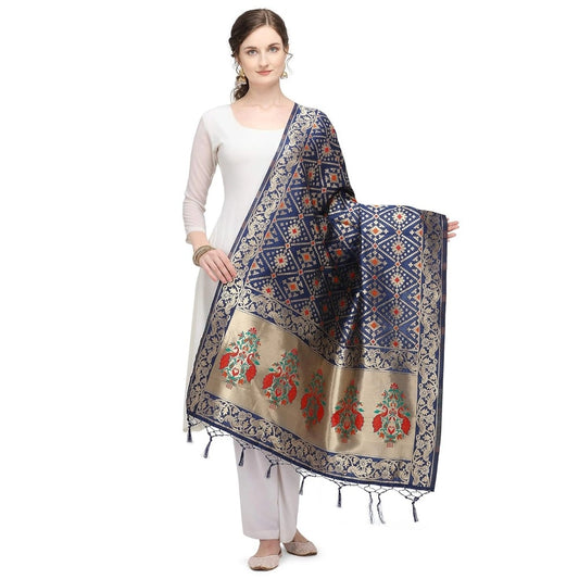 Clasymist Women's Silk Pure Zari weaving Duppatta (Navy Blue, Length: 2-2.3 Mtrs)