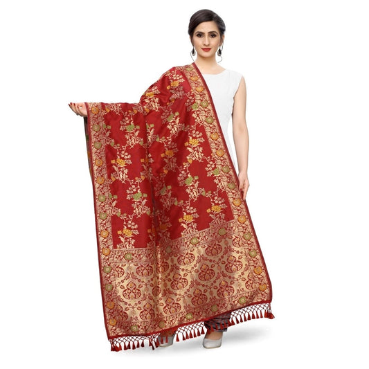 Clasymist Women's Silk Pure Zari weaving Duppatta (Maroon, Length: 2-2.3 Mtrs)