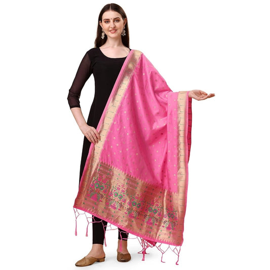 Clasymist Women's Silk Pure Zari weaving Duppatta (Light Pink, Length: 2-2.3 Mtrs)