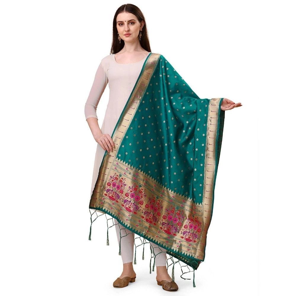 Clasymist Women's Silk Pure Zari weaving Duppatta (Rama, Length: 2-2.3 Mtrs)