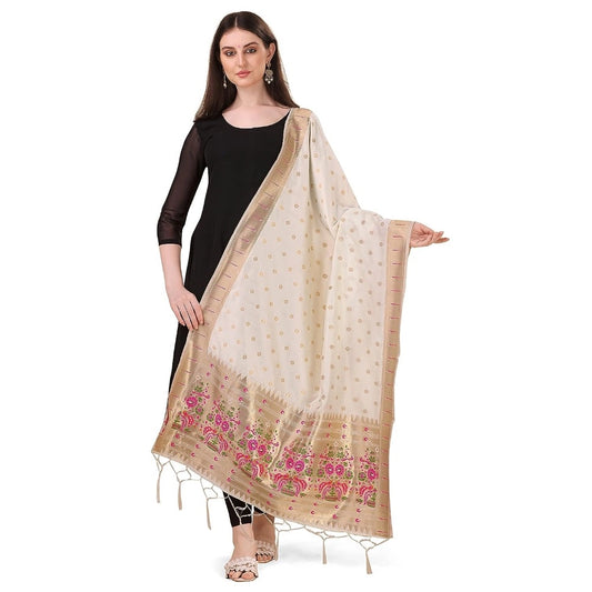 Clasymist Women's Silk Pure Zari weaving Duppatta (White, Length: 2-2.3 Mtrs)