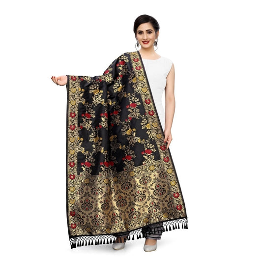 Clasymist Women's Silk Pure Zari weaving Duppatta (Black, Length: 2-2.3 Mtrs)