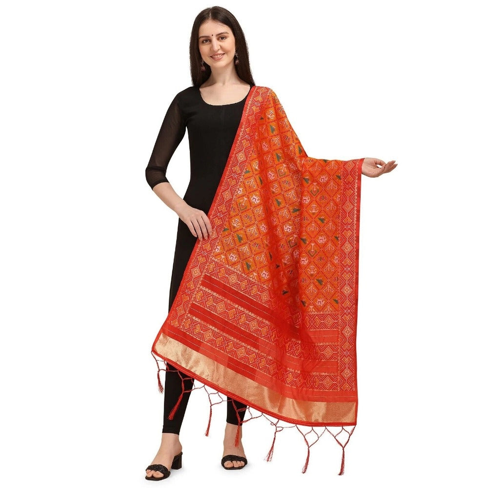 Clasymist Women's Silk Pure Zari weaving Duppatta (Orange, Length: 2-2.3 Mtrs)