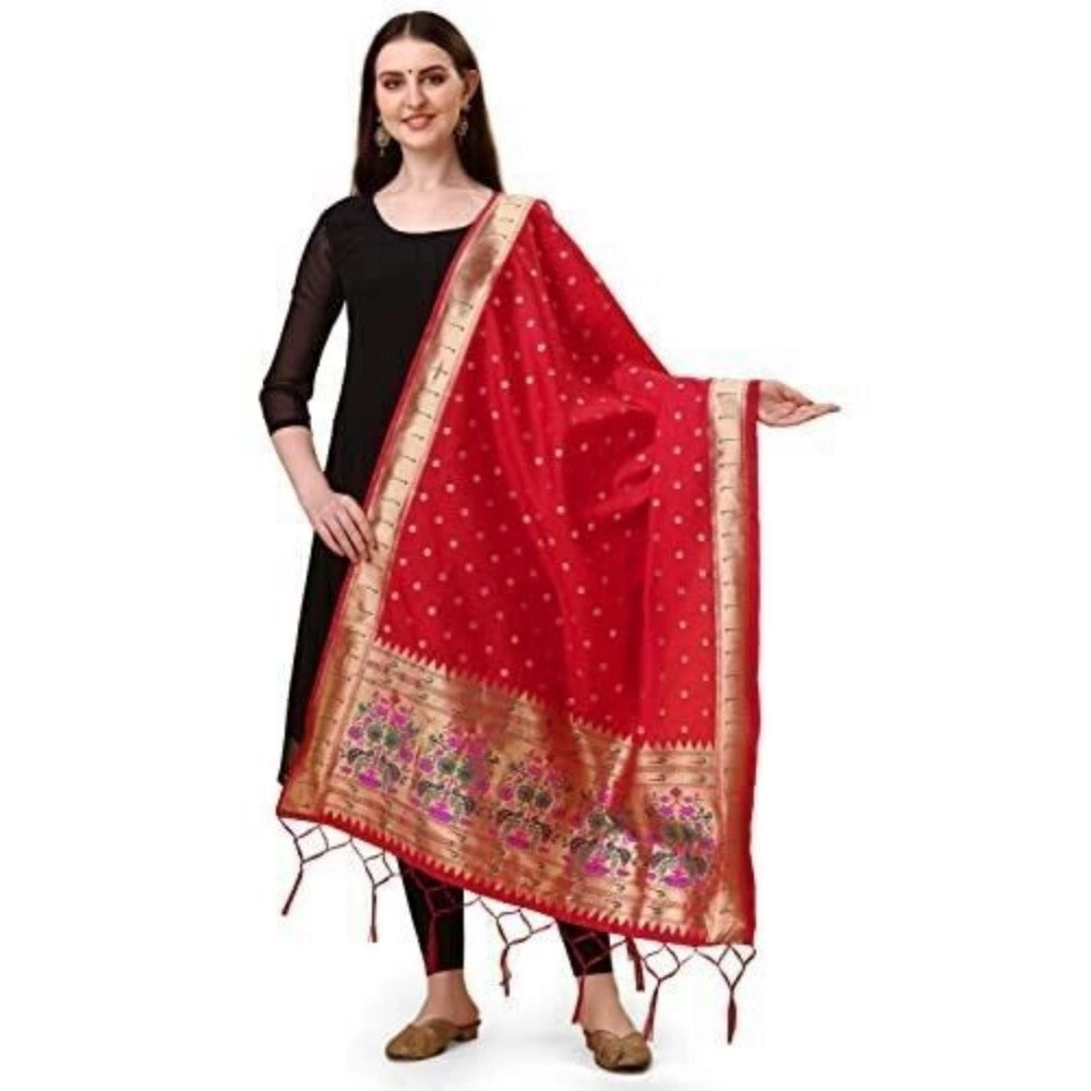 Clasymist Women's Silk Pure Zari weaving Duppatta (Red, Length: 2-2.3 Mtrs)