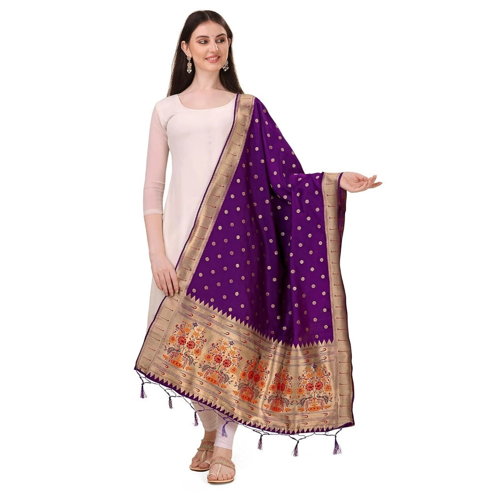 Clasymist Women's Silk Pure Zari weaving Duppatta (Purple, Length: 2-2.3 Mtrs)