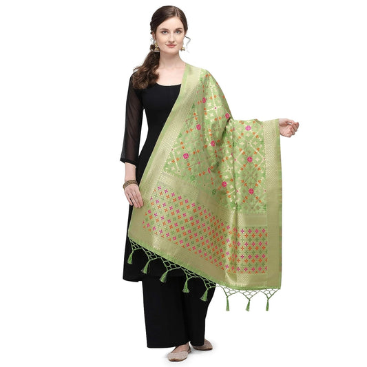 Clasymist Women's Silk Pure Zari weaving Duppatta (Light Green, Length: 2-2.3 Mtrs)