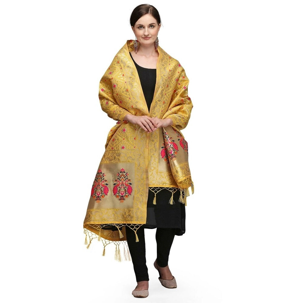 Clasymist Women's Silk Pure Zari weaving Duppatta (Mustard Yellow, Length: 2-2.3 Mtrs)