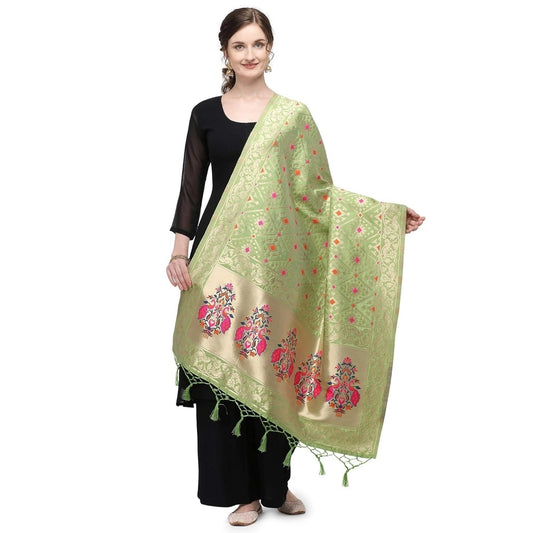 Clasymist Women's Silk Pure Zari weaving Duppatta (Light Green, Length: 2-2.3 Mtrs)