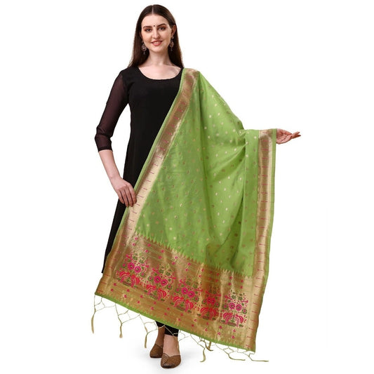 Clasymist Women's Silk Pure Zari weaving Duppatta (Light Green, Length: 2-2.3 Mtrs)