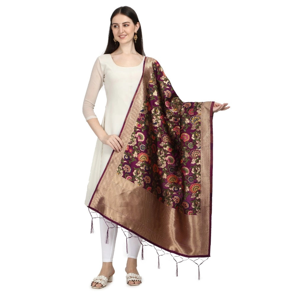 Clasymist Women's Silk Pure Zari weaving Duppatta (Brown, Length: 2-2.3 Mtrs)