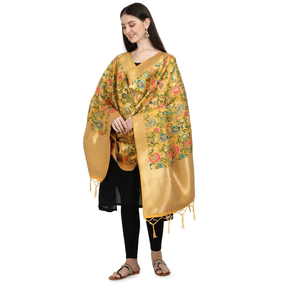 Clasymist Women's Silk Pure Zari weaving Duppatta (Yellow, Length: 2-2.3 Mtrs)