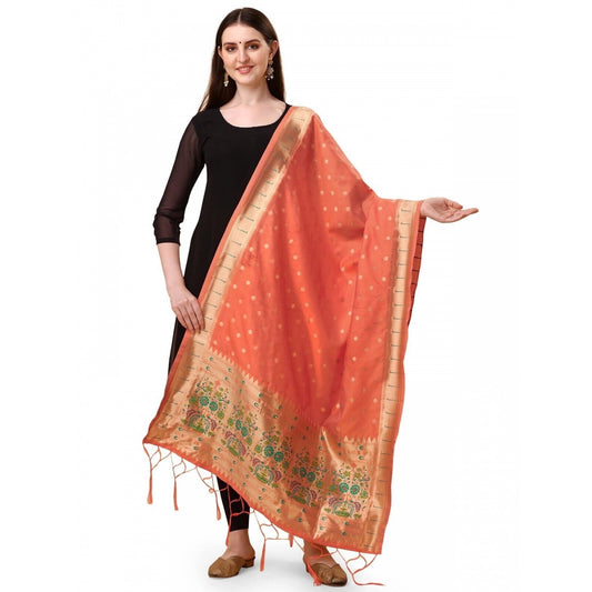 Clasymist Women's Silk Pure Zari weaving Duppatta (Orange, Length: 2-2.3 Mtrs)