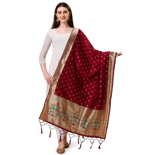 Clasymist Women's Silk Pure Zari weaving Duppatta (Maroon, Length: 2-2.3 Mtrs)