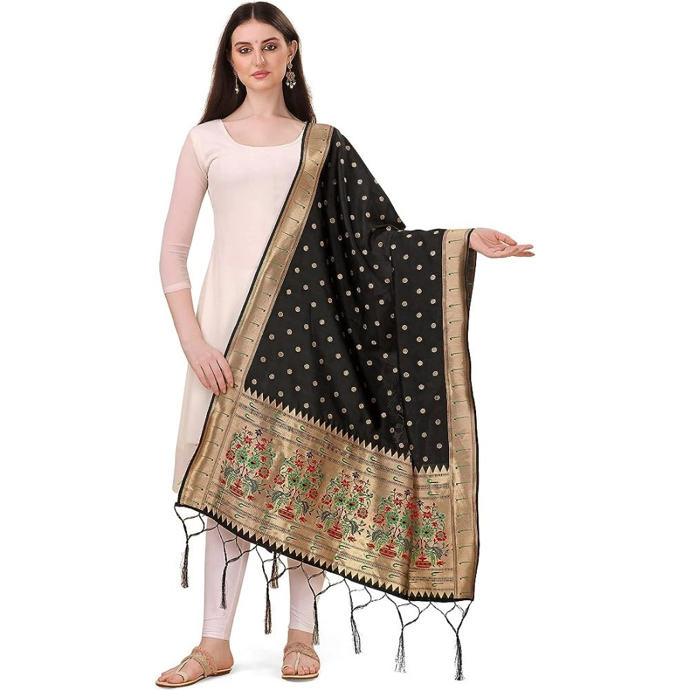 Clasymist Women's Silk Pure Zari weaving Duppatta (Black, Length: 2-2.3 Mtrs)