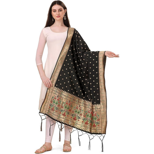 Clasymist Women's Silk Pure Zari weaving Duppatta (Black, Length: 2-2.3 Mtrs)